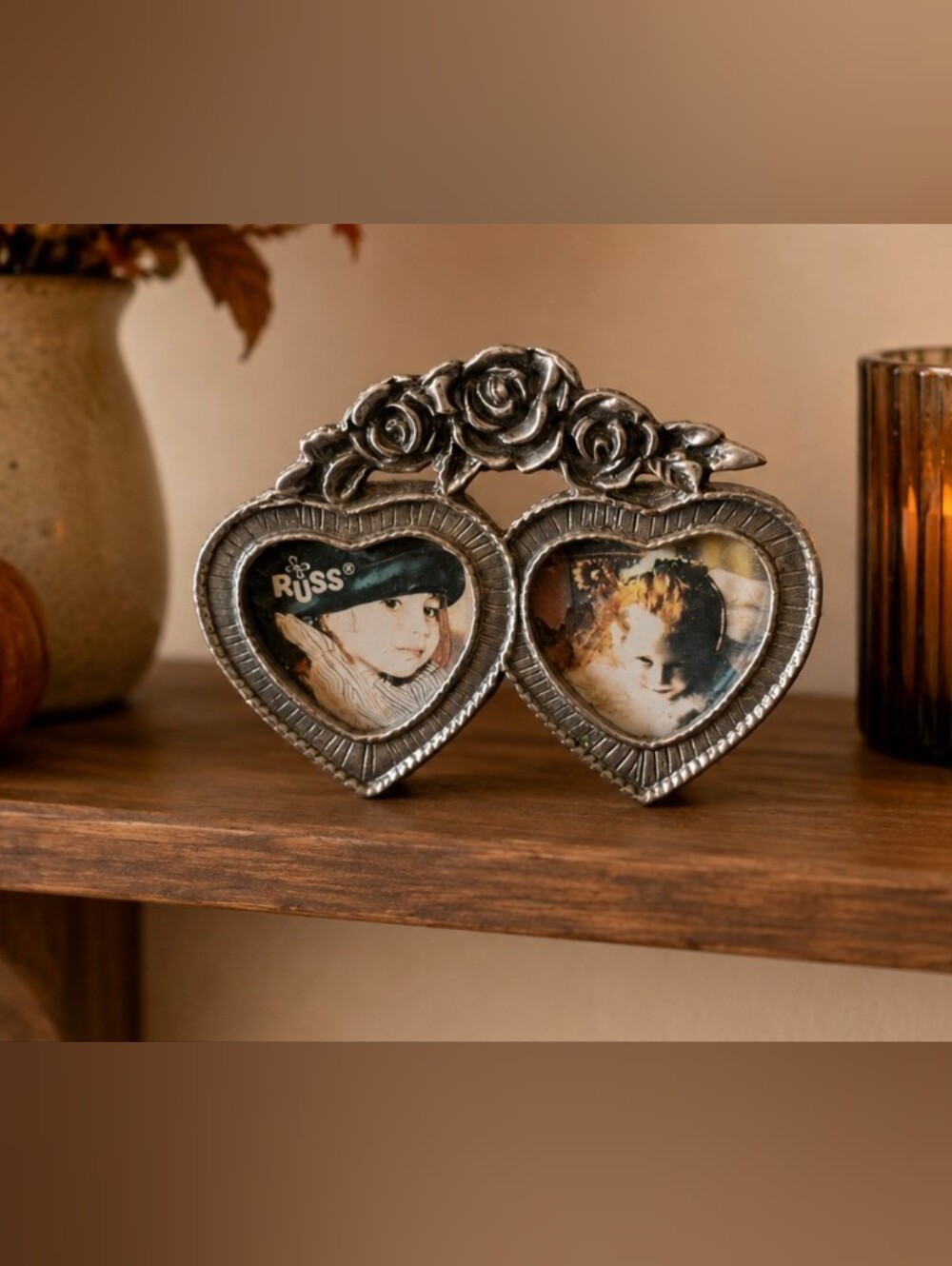 Russ Silver-Tone Double Heart Photo Frame with Rose Accents